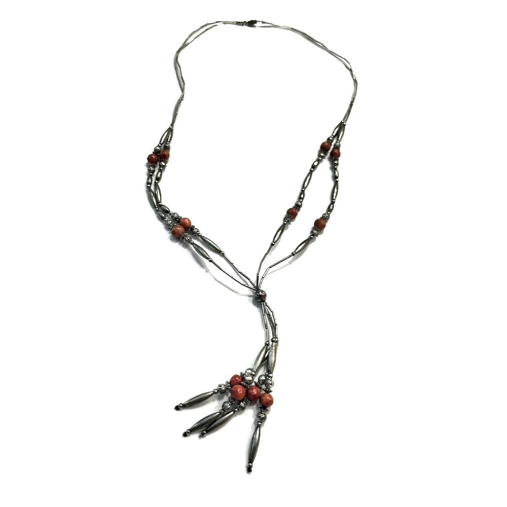 Old Pawn Vintage Navajo Strlg Silver Coral 2 Strand Lariat Necklace